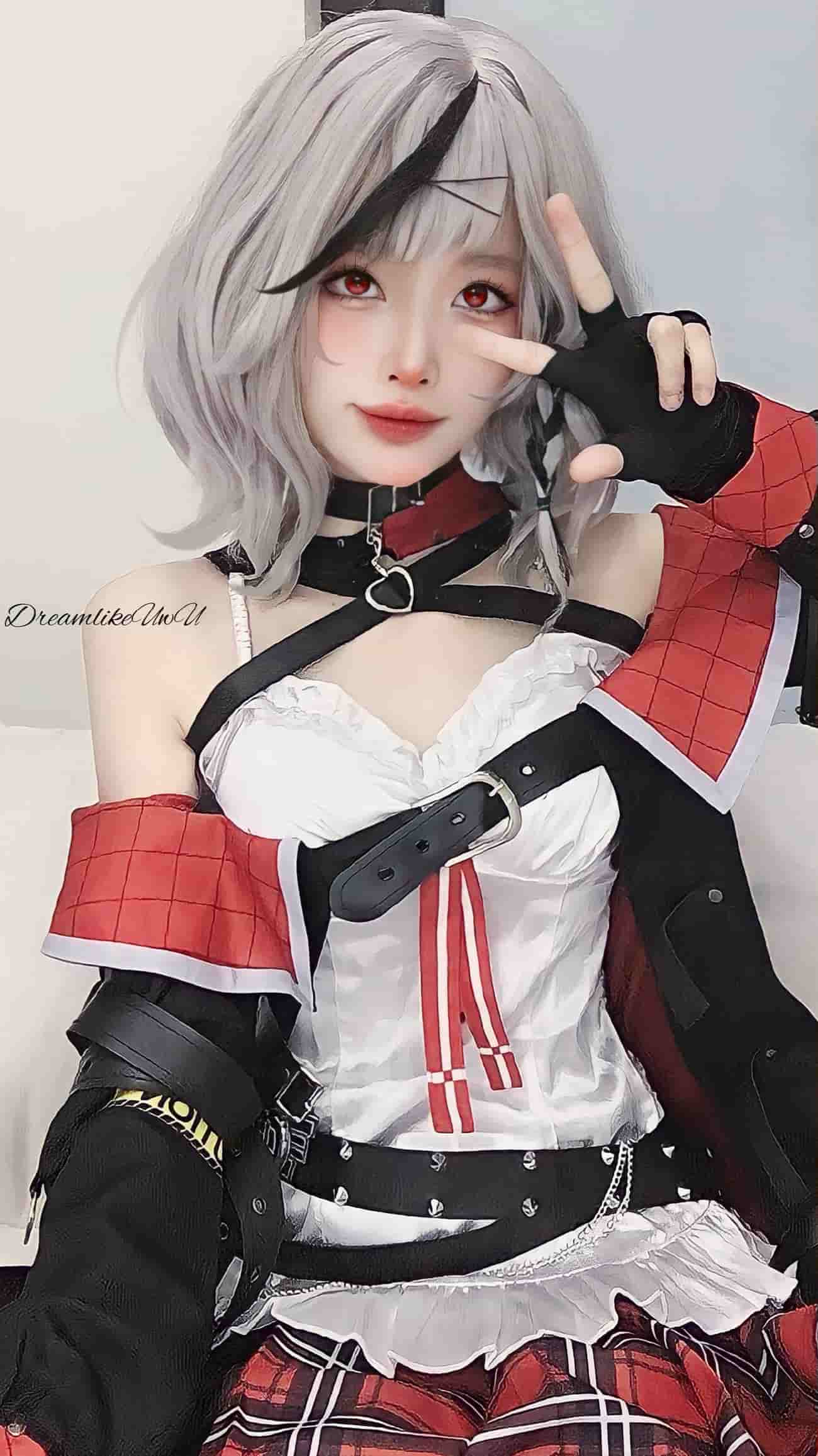 DreamlikeUwU hololive沙花叉克罗艾cos 银发黑色挑染红色瞳片 红格纹披肩与皮带 DreamlikeUwU hololive沙花叉克罗艾cos 银发黑色挑染红色瞳片 红格纹披肩与皮带