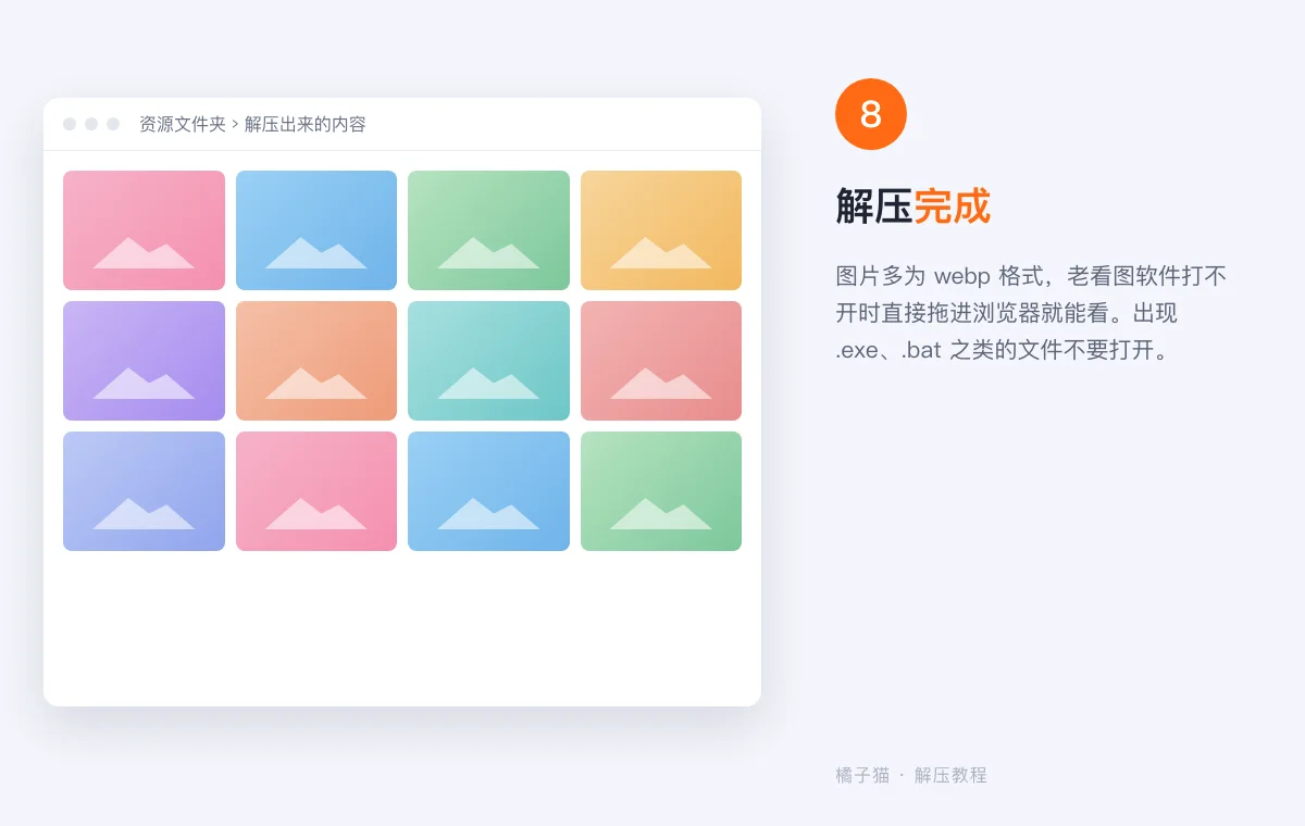 解压教程示意图:解压完成后的文件夹里显示多张图片缩略图