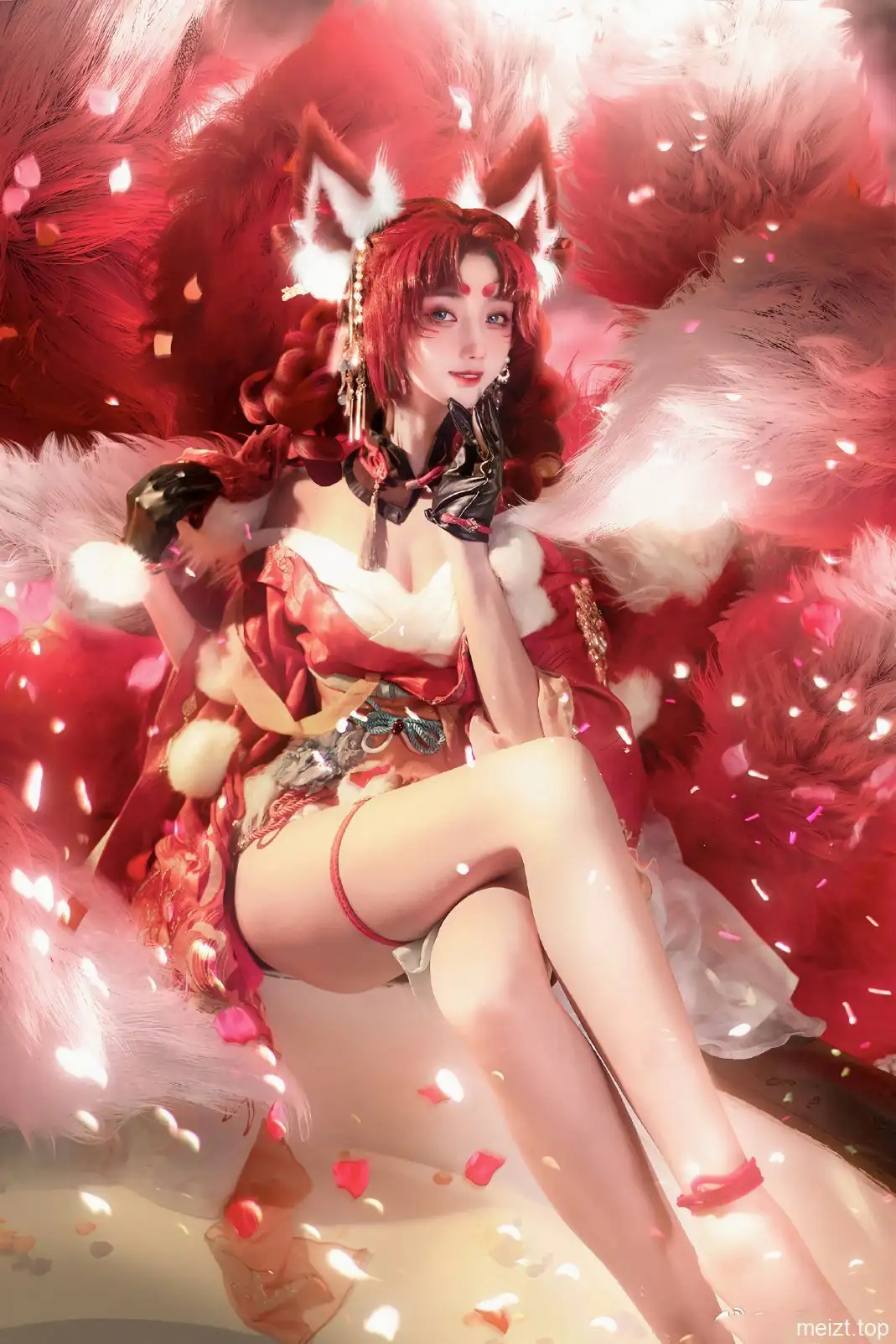 走路摇红发兽耳与红金角色服,坐在红白绒毛布景中 走路摇红发兽耳与红金角色服,坐在红白绒毛布景中